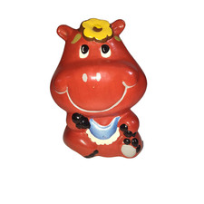 VTG Ceramic Red Hippo Figurine Kitschy Retro Hippopotamus Decal Japan Style picture