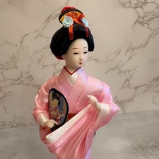 Japanese Geisha Style Doll Pink Floral Kimono Fan 9.5