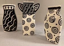 Lot of 3 vintage Sarah Gregory Pottery Vases Whimsical Art Design Black White picture