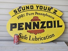 NEW PURCHASE GIANT VINTAGE 1950'S PENNZOIL PORCELAIN DOUBLE-SIDED SIGN 30 X 20 picture