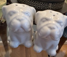 Beautiful White Porcelain Bulldog Salt & Pepper Shakers Collectible So CUTE picture