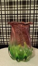 Vintage Teleflora Cranberry Watermelon Green Swirl Ruffled Edge Vase 7 1/2