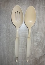 Vintage EKCO Nylon Plastic 11” Solid/Slotted Serving Spoons 2pc Set Almond USA picture