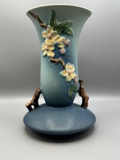 Exceptional Roseville Pottery Apple Blossom Vase – 388-10 – Blue Matte 1940’s picture