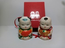   2 Figurines Girl & Boy Chinese Clay / Ornaments In Box picture