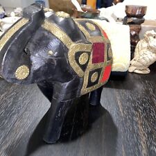 Vtg Large Wood Brass Adorned Elephant Statue Hand Carved Sculpture picture