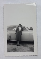 Vintage Photo Fashionable Woman Suit Posing with Classic Car B&W Snapshot picture