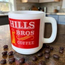 Vintage Hills Bros Coffee Milk Glass Coffee Mug Vintage Advertising Logo picture