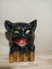 PULP BLACK CAT JOL SITTING ON ORANGE FENCE HALLOWEEN VINTAGE ANTIQUE picture