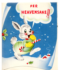 Vintage Christmas Card, SNOW BUNNY W/PEPPERMINT CANDY CANE, AMERICAN GREETINGS picture