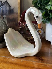 VTG Art Deco Ceramic irridescent Swan Decor Wash Cloth Towel Holder 80s Modern picture