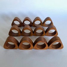 Set of 12 Vintage Mid Century Modern Teak Wood Triangle Napkin Rings Holders picture