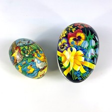 VTG Paper Mache Easter Eggs Lot of 2 Black Floral Pansy Animals Duck Frog Roostr picture