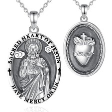 Mens Jesus Sacred Heart Pendant Necklace 20In Chain Christian 925 Silver Jewelry picture