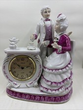 Vintage Victorian White & Maroon Mantel Clock w/Courting Couple Figures picture