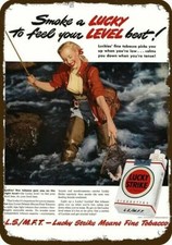 1949 LUCKY STRIKE Cigs & Woman Fly Fish Vntg-Look DECORATIVE REPLICA METAL SIGN  picture