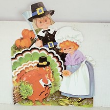 Vintage Eureka Die Cut Thanksgiving Cardboard Decoration Pilgrims & Turkey picture