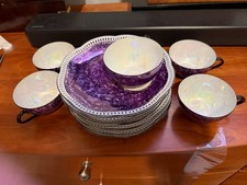 Antique LDB Co Germany Purple Lusterware Snack Plates & Tea Cups Set picture