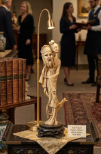 Vintage Heavy Resin Asain Girl Figurine With Opera Mask Attached Dark Wood Stand picture