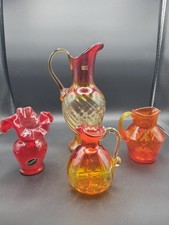4 Vintage MCM Amberina Orange Red Crackle Glass Vase, Ewer, Pitcher, Cruet Glows picture