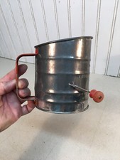 Bromwell’s 5 Cup Measuring Sifter Red Wood Crank Handle Flour Sifter Vintage picture