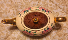 Vintage Nasco Japan Oval Teapot Pink Roses Cream & Brown Gold Trim 1950s picture