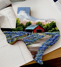 Vintage Texas Shaped Wood Plaque Hand Painted Bluebonnet Trail Barn Folk Art picture