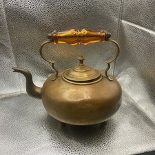Vtg James Clews Birmingham JCB Brass Tea Pot Kettle Amber Glass Handle picture