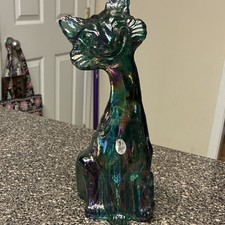 Fenton Iridescent Teal Green 11” Winking Glass Alley Cat GLOWS picture