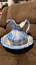Vintage Blue & White Ceramic Pitcher Wash Basin Bowl Set 14” Cottage Decor picture