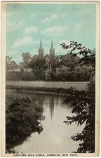 1924 Hamburg NY RARE Postcard Eighteen Mile Creek Church Boat Blue Sky Tint WB picture