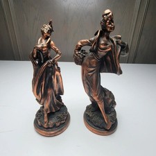 Vintage Faux Bronze Lady Figurines Pair Resin Art Nouveau Statues picture