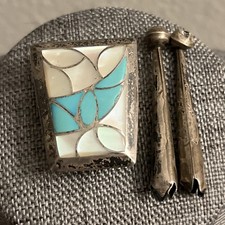 VTG Zuni Sterling Silver “ Fish -Scale “ Channel Inlay Bolo Tie Unsigned Tested picture