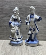 Vintage Colonial Couple White & Blue Ceramic Figurines With Gold Accents picture
