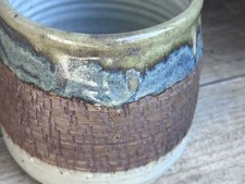 Vtg Clay Blue Sienna Stoneware Art Pottery Crock Signed 4” Diam One Of A Kind picture