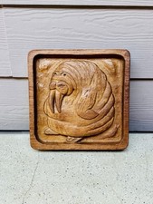 1971 Evelyn Ackerman Walrus Woodblock Carved Wood Art Panel Mid Century Vintage picture