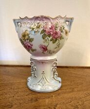 Compote Pedestal Bowl Vase. Pastel Floral Décor w/ Gold Trim & Handles-Antique picture