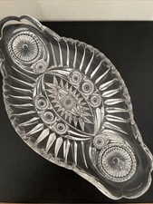 VTG Clear Pressed Glass Relish Condiment Dish Starburst Floral Motifs Pattern picture