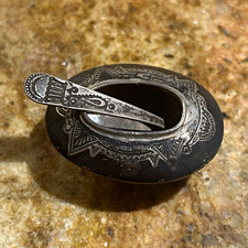 Antique Navajo Silver Salt Cellar Matching Spoon Pre 1940 Whirling Log Stamped picture