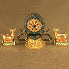 16cm Tibetan Buddhism Supplies Blessed Turning Wheel Deer Statue Altar Decor picture