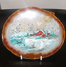 VTG. Hand Painted, Polished Geode Slice. Winter Barn Scene picture