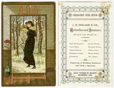 Pittsburgh WELDIN BOOKSELLERS 1884 Victorian Trade Card PRETTY WOMAN in Snow picture