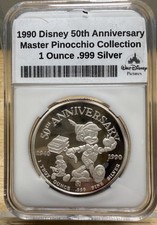 1990 Disney 50th Anniversary Master Pinocchio.  1 Troy .999 Silver picture