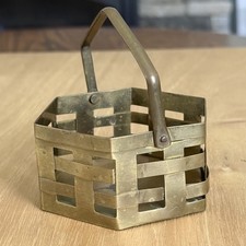 Vintage Small Brass Hexagon Woven Trinket Basket With Hinged Handle picture