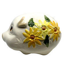 VTG Piggy Bank Yellow Cermaic Flowers Anthropomorphic Pig Kitsch picture