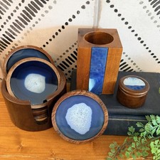 Vtg MCM Blue Agate Wood 6 Coaster Set Pen Holder Mini Trinket Ring Pill Box picture