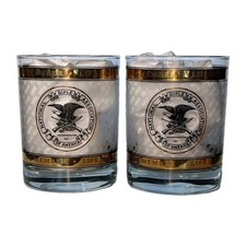 2 VTG NRA Lifetime Member WHISKEY LOW BALL SHOT Glasses, Gold Trim, Eagle, EUC picture