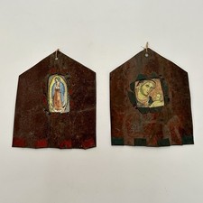 Pair Mexican Tin Retablo Style Nicho Guadalupe Madonna Child Icons 80s-90s VTG picture