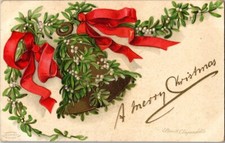 Postcard A Merry Christmas Bell Holly Red Ribbon #51494 A/S Ellen H. Clapsaddle picture