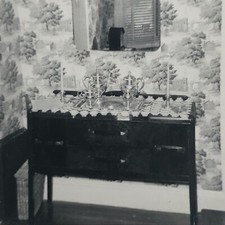 Vintage 1950s Sideboard Bold Wallpaper Dining Room Interior Silver Tea Set Pot picture